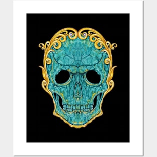 Skull head turquoise with art vintage gold. Posters and Art